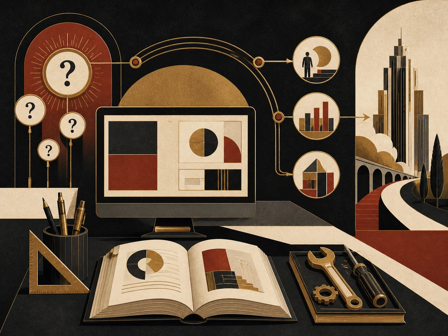 Illustration of a website, practical tools, and an open guidebook