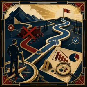 Art Deco illustration of a failed route crossed out, evidence under a magnifying glass, and a new path leading to a goal