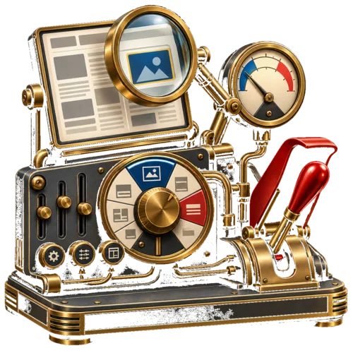 Art Deco advertising control instrument inspecting placements and settings before a guarded change