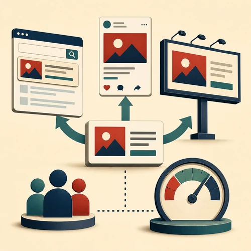 Illustration of advertising across search, social, display, and audience channels