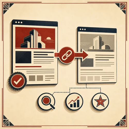 Art Deco illustration of one website linking to another to show a relevant backlink and its SEO trust signal