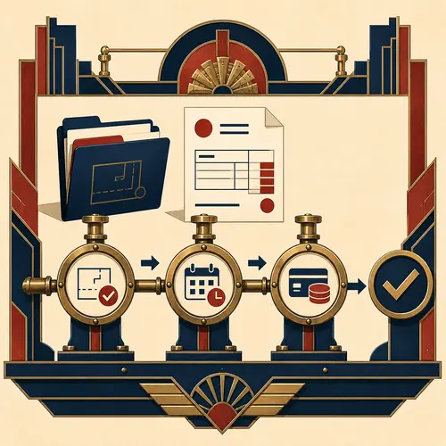 Art Deco billing diagram showing project scope, timing, and payment checkpoints resolving into a clear agreement