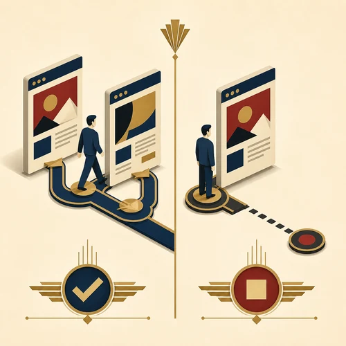 Art Deco illustration showing an engaged analytics session continuing through multiple page views beside a session that ends after one view