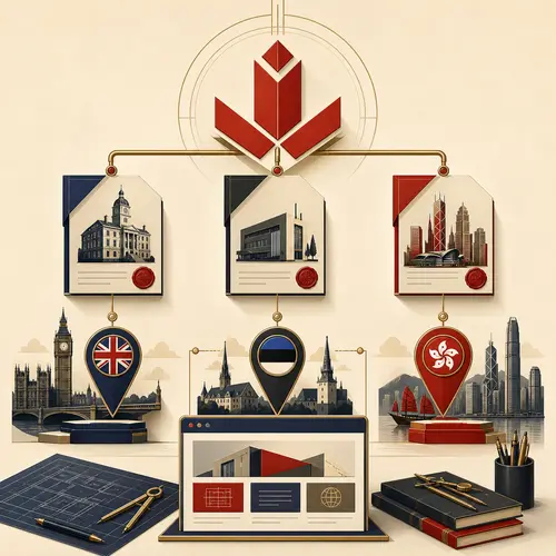 Art Deco illustration of one shared Devenia brand connecting three independent company documents and routes