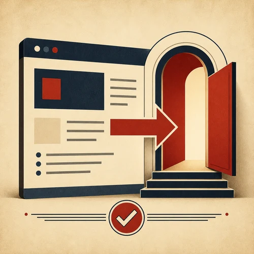 Art Deco illustration of a webpage leading through one clear arrow to a single open action doorway