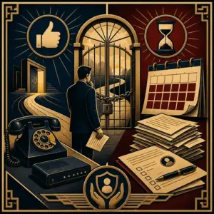 Art Deco illustration of a customer facing a locked cancellation gate, waiting calendar, phone, and service paperwork