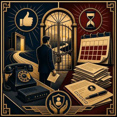 Art Deco illustration of a customer facing a locked cancellation gate, waiting calendar, phone, and service paperwork