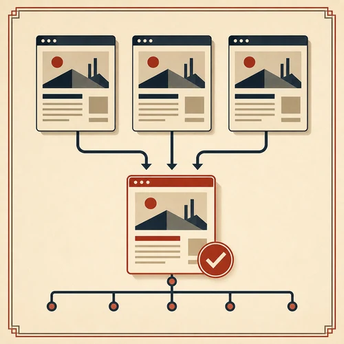 Art Deco illustration of similar web pages converging on one preferred canonical page