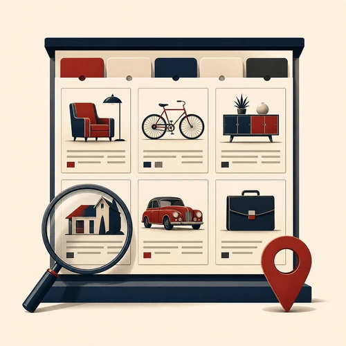 Illustration of classified advertising with searchable listing cards, a magnifying glass, and a location pin
