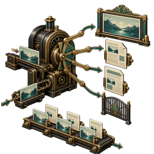 Clickable Featured Image as an Art Deco industrial router directing featured images to full-size media, attachment pages, posts or no link beside a Query Loop conveyor