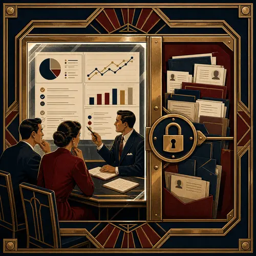 Art deco -kuvitus asiakkaista tarkastelemassa näkyvää työtä ja kaavioita lukittujen luottamuksellisten asiakastiedostojen vieressä