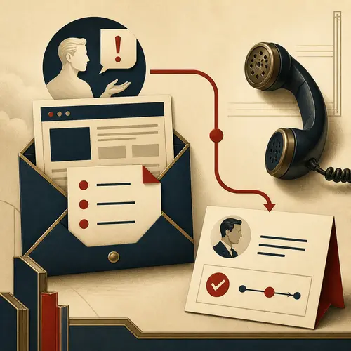 Art Deco contact scene linking a website problem checklist to a written first reply and phone call