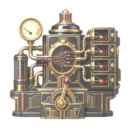 Art Deco industrial machine routing zero-result search signals into content candidates