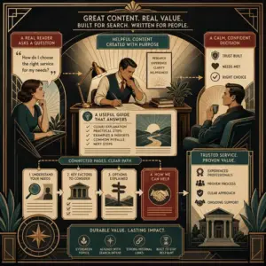 Illustration of a reader question becoming useful content, connected pages, and a trusted decision