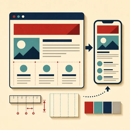 Responsive web page layout with typography, spacing, grid, colour, and mobile design guides