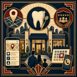 Art Deco illustration of a dental practice connected to local search, treatment, patient reviews, and appointment booking