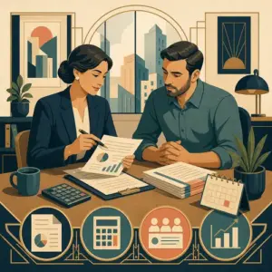 Illustration of an accountant reviewing service documents with a small-business client at a desk