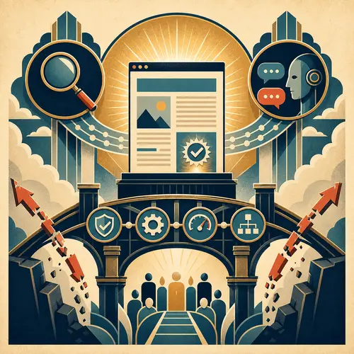 Illustration of a verified website feeding search and AI answers through technical foundations