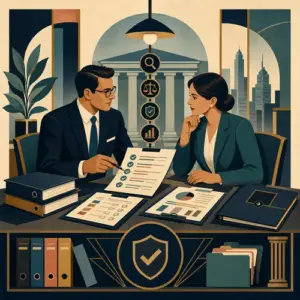 Illustration of an auditor reviewing control documents with a business client in a meeting