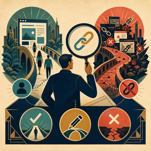 Ilustración de la evaluación de un backlink por su valor para el lector, contexto, relevancia y decisión de seguir adelante o rechazarlo