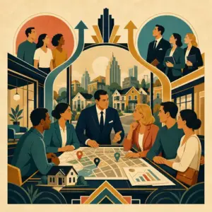 Illustration of a real estate brokerage team reviewing a local market map with clients