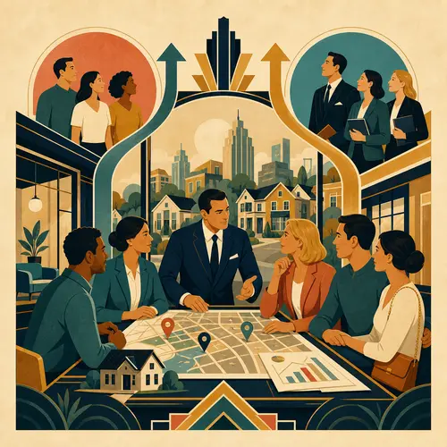 Illustration of a real estate brokerage team reviewing a local market map with clients
