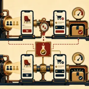 An Art Deco mobile buying path catching a checkout leak, repairing the flow, and measuring through to a completed order