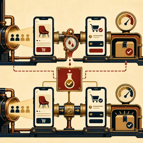 An Art Deco mobile buying path catching a checkout leak, repairing the flow, and measuring through to a completed order