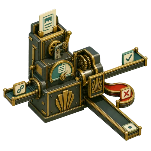 Art Deco industrial Devenia Canonical Shortlinks resolver choosing a supplied post card or singular-page context, routing output to one canonical rail, bypassing a query-style spur, and preserving an unchanged fallback rail.