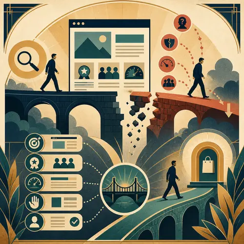 Illustration of a visitor path breaking between a webpage and a customer decision