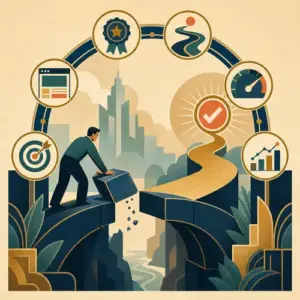 Illustration of a broken customer path being repaired through conversion checkpoints