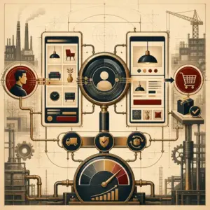 An Art Deco buying path connecting search intent, webshop category and product pages, proof, checkout, and revenue measurement