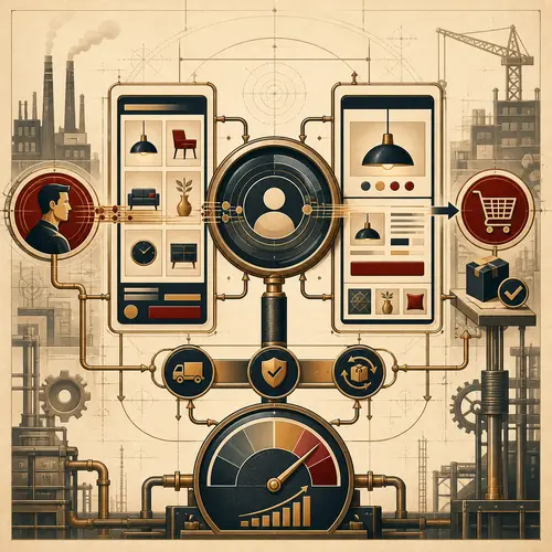 An Art Deco buying path connecting search intent, webshop category and product pages, proof, checkout, and revenue measurement