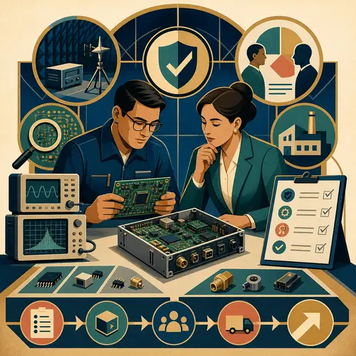 Illustration of an electronics engineer and buyer examining a circuit board, testing evidence, and quality checks