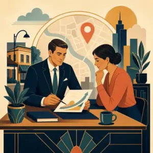 Illustration of a financial advisor reviewing a plan with a local client at a desk
