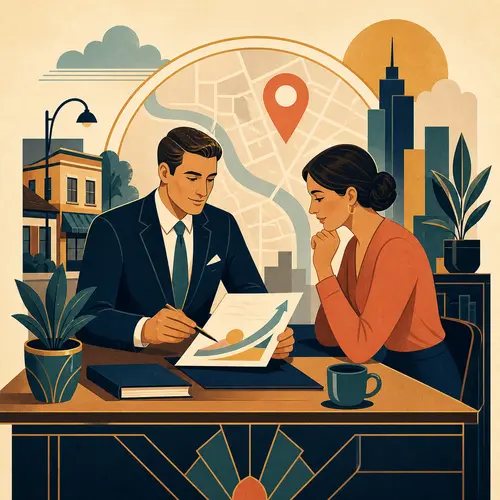 Ilustración de un asesor financiero revisando un plan con un cliente local en un escritorio