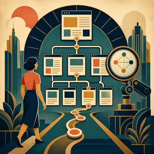 Illustration of connected website pages forming deliberate reader and search paths