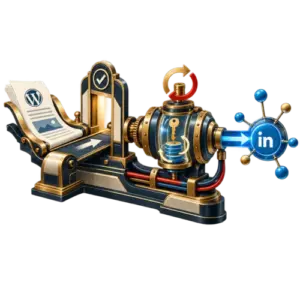 Art Deco illustration of a WordPress post moving through a secure LinkedIn publishing mechanism with a single-publish gate and token renewal.