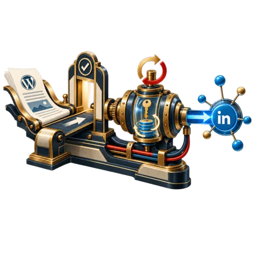 Art Deco illustration of a WordPress post moving through a secure LinkedIn publishing mechanism with a single-publish gate and token renewal.