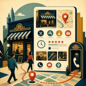 Illustration of a local business profile connecting services, hours, reviews, photos, map, and contact to nearby customers