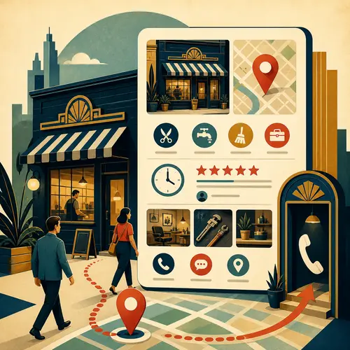 Illustration of a local business profile connecting services, hours, reviews, photos, map, and contact to nearby customers