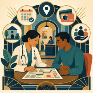 Illustration of a doctor and patient reviewing a local care and appointment path