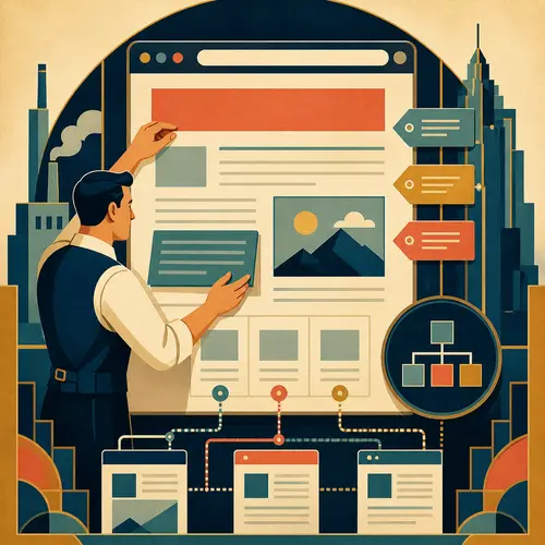 Illustration of an on-page SEO blueprint with page structure, metadata, images, and internal links