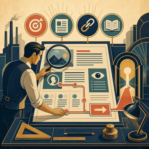 Illustration of aligning page structure, search intent, internal links, readability, and next action