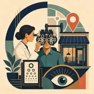 Illustration of an optometrist examining a patient beside a local eye-care practice and eye chart
