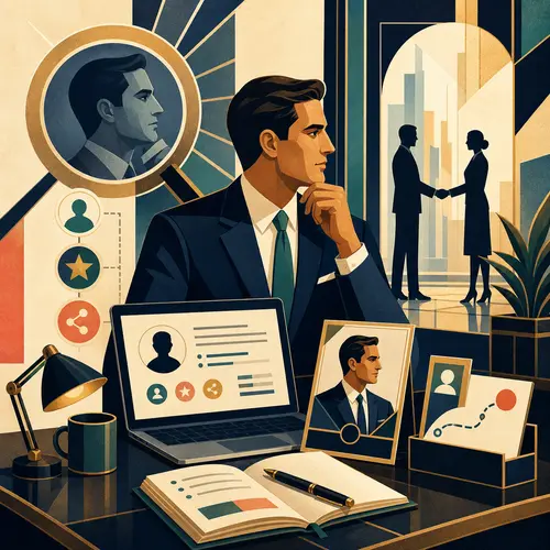 Illustration of a sales professional preparing a profile and meeting path before a conversation