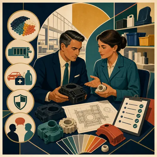 Illustration of an industrial buyer and plastics supplier comparing molded parts, material samples, and technical proof