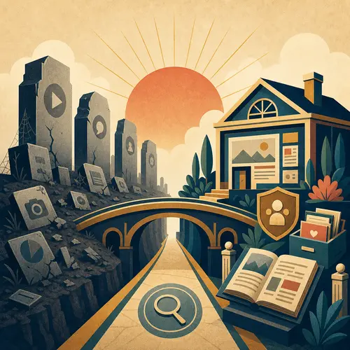 Illustration contrasting abandoned platform routes with a durable owned website home and search path