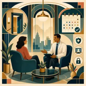 Illustration of a psychiatrist and patient in a private consultation room with clear care access cues