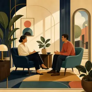 Illustration of a therapist and client in a calm private therapy room
